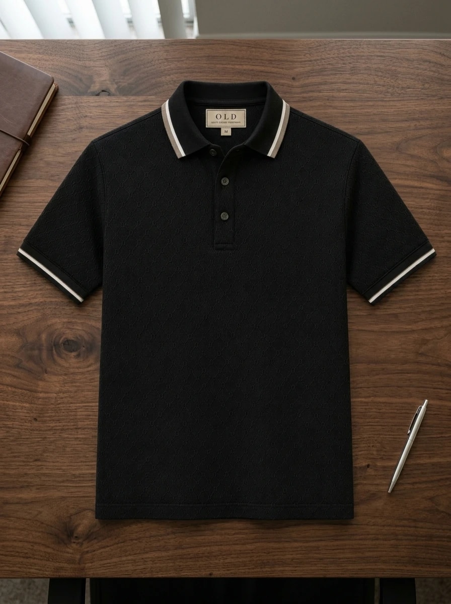 Polo OLDMAN ក្បាច់ម៉ូណូក្រាម ពណ៌ខ្មៅ 1