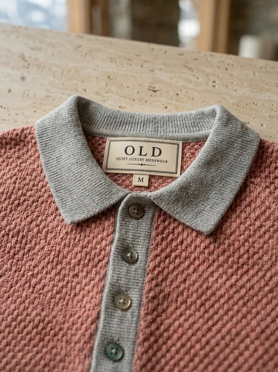 Polo OLDMAN ผ้าทอรังผึ้ง สีชมพูตุ่น 3