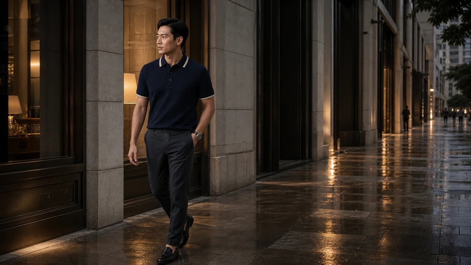 Quý ông OLDMAN dạo bước trên phố sau cơn mưa trong chiếc polo navy